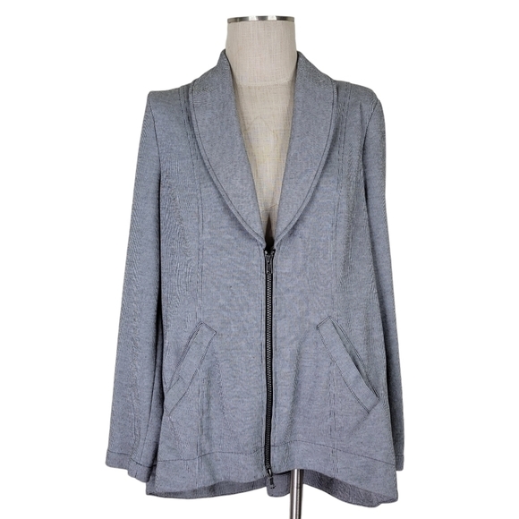 CAbi Drop Off Zip Jacket Size L Pinstripe Front Back Zipper High Low Hem 5300 - Picture 1 of 12